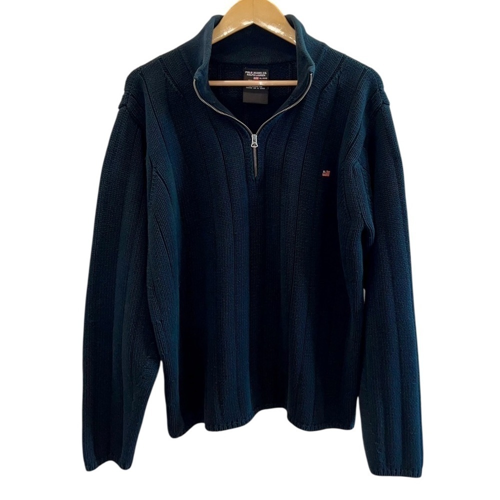 Polo Jeans Co. Ralph Lauren Cotton Knit 1/4 Zip American Flag Sweater Deep Blue
